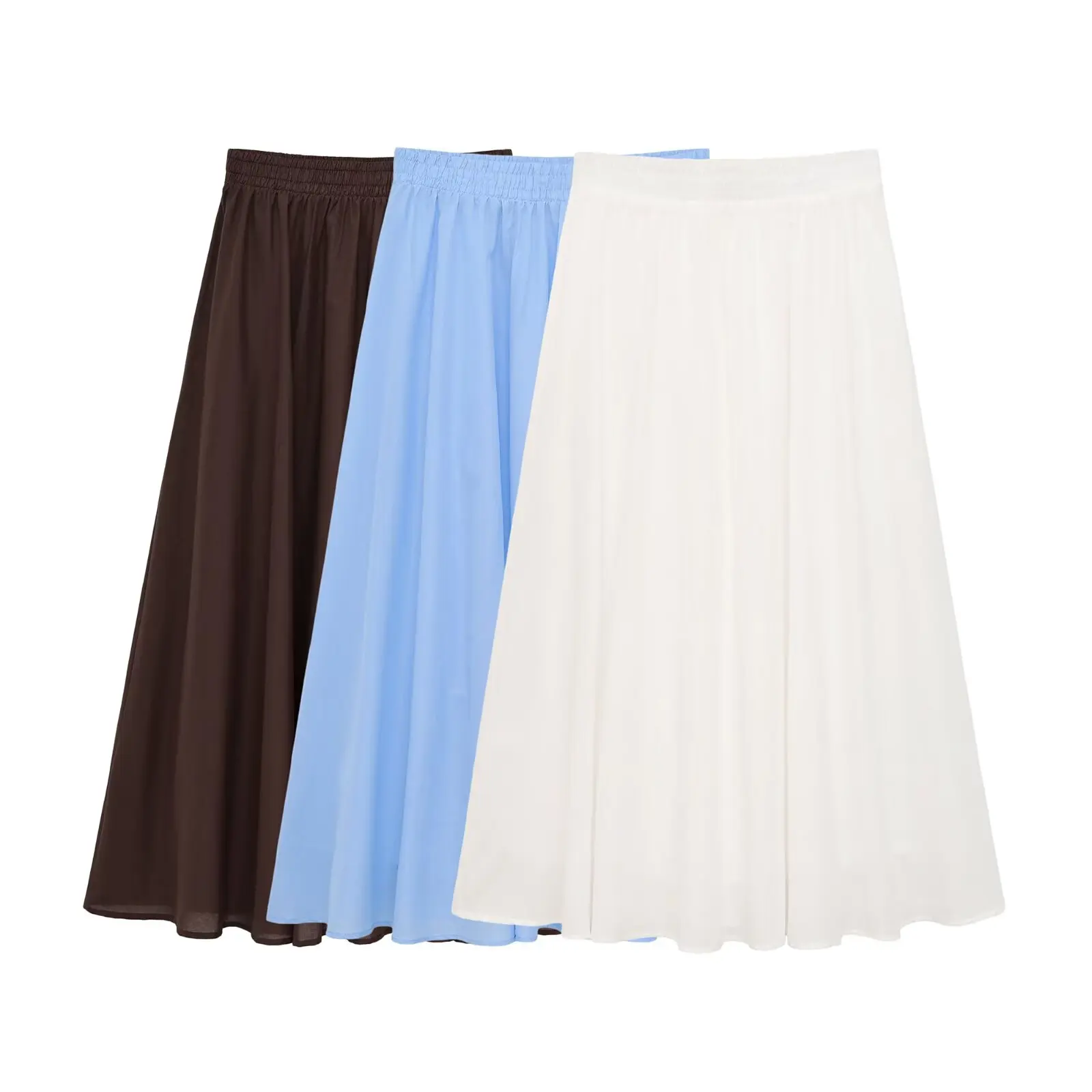 BSAY Summer Beach Vacation Midi Skirt Women Solid Color Elastic High Waist Pleated Flowy A-Line Swing Long Skirt Casual Skirts