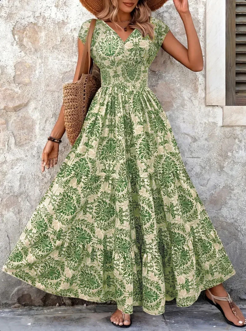 2026 Vintage Floral Print Dress Elegant V-Neck Short Sleeve Long Women's Fashion Retro Gown