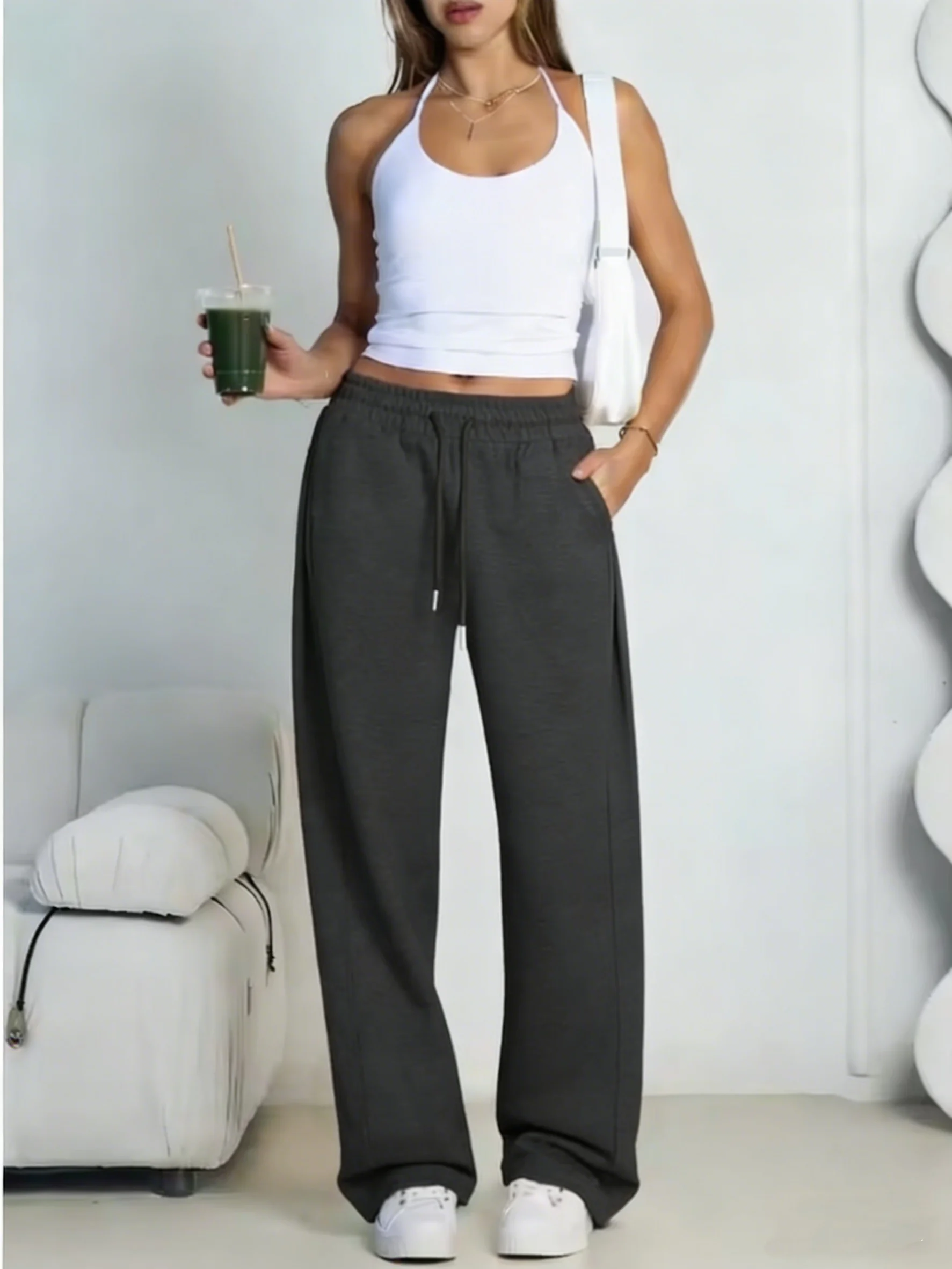 2026 New Harajuku Wide Leg Sweatpants Women Streetwear Baggy Oversize Gray Sports Pants Woman Drawstring Casual Joggers Trousers