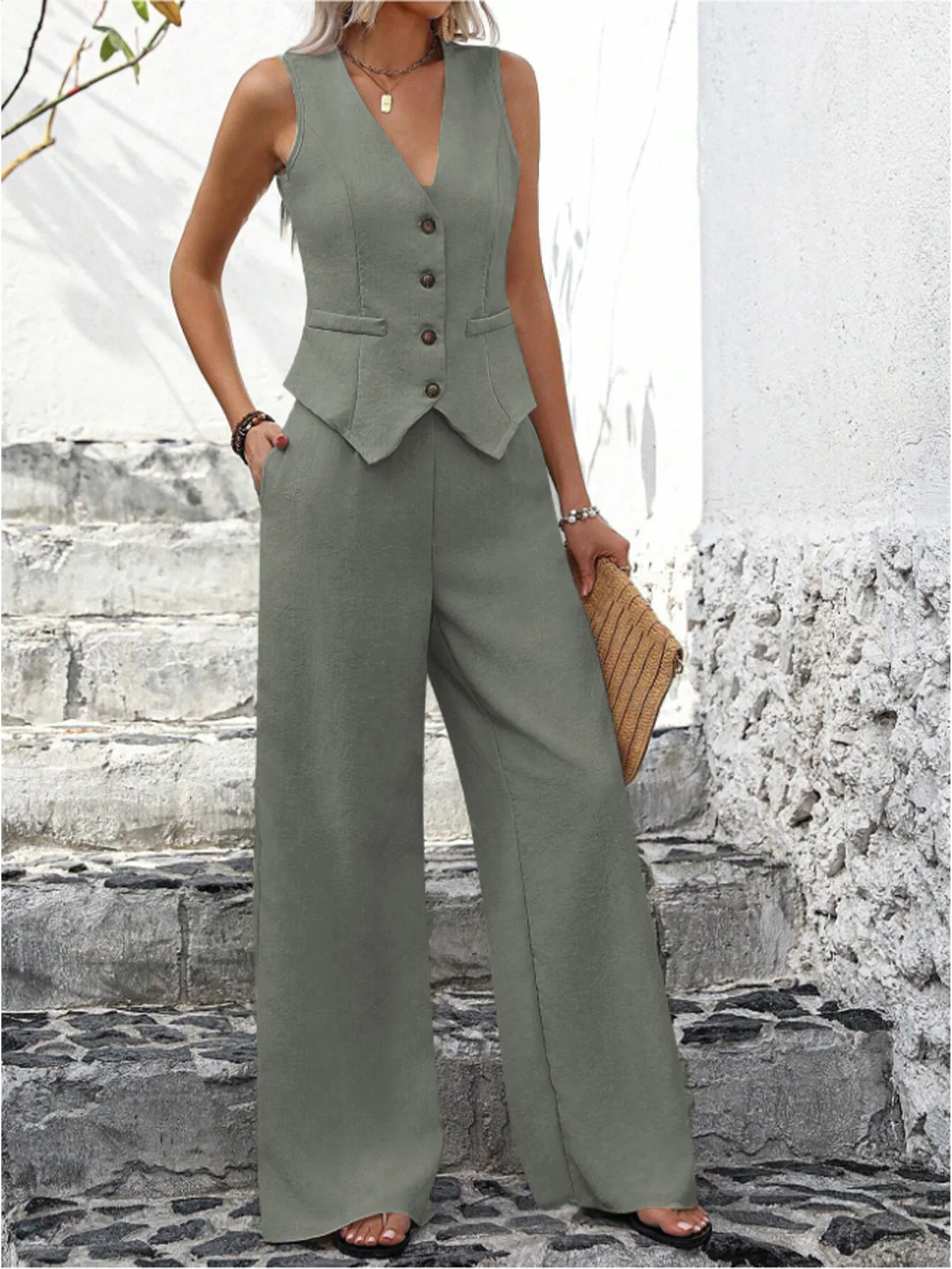 Summer Women 2 Piece Outfit V Neck Button Sleeveless Vest High Waist Wide Leg Pants Casual Matching Set Multi Colors