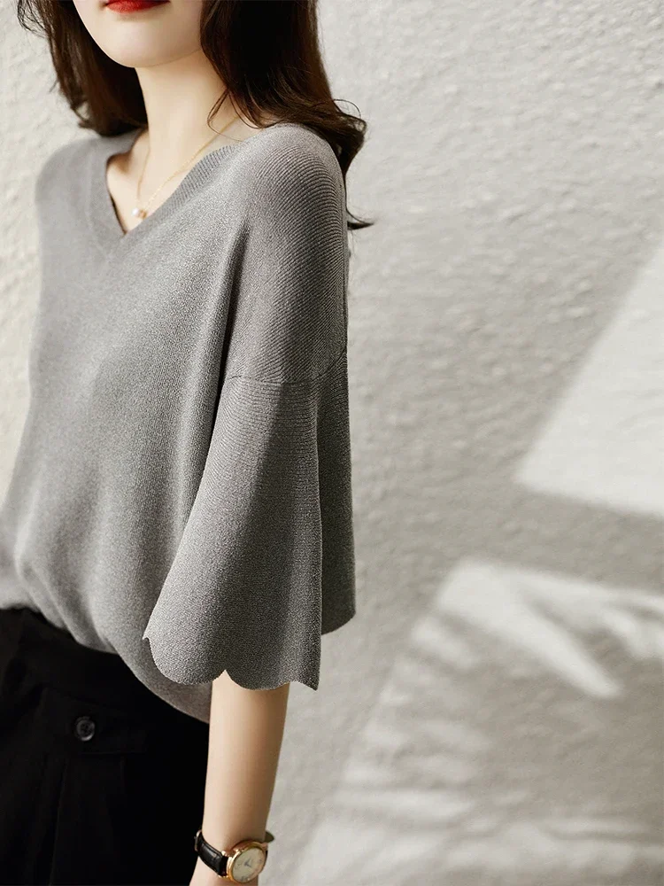 Women's Short Sleeve V-Neck Knitting Shirt, Casual Loose Tops, Ice Silk Blouse, Gray Lady Clothes, New, 14799