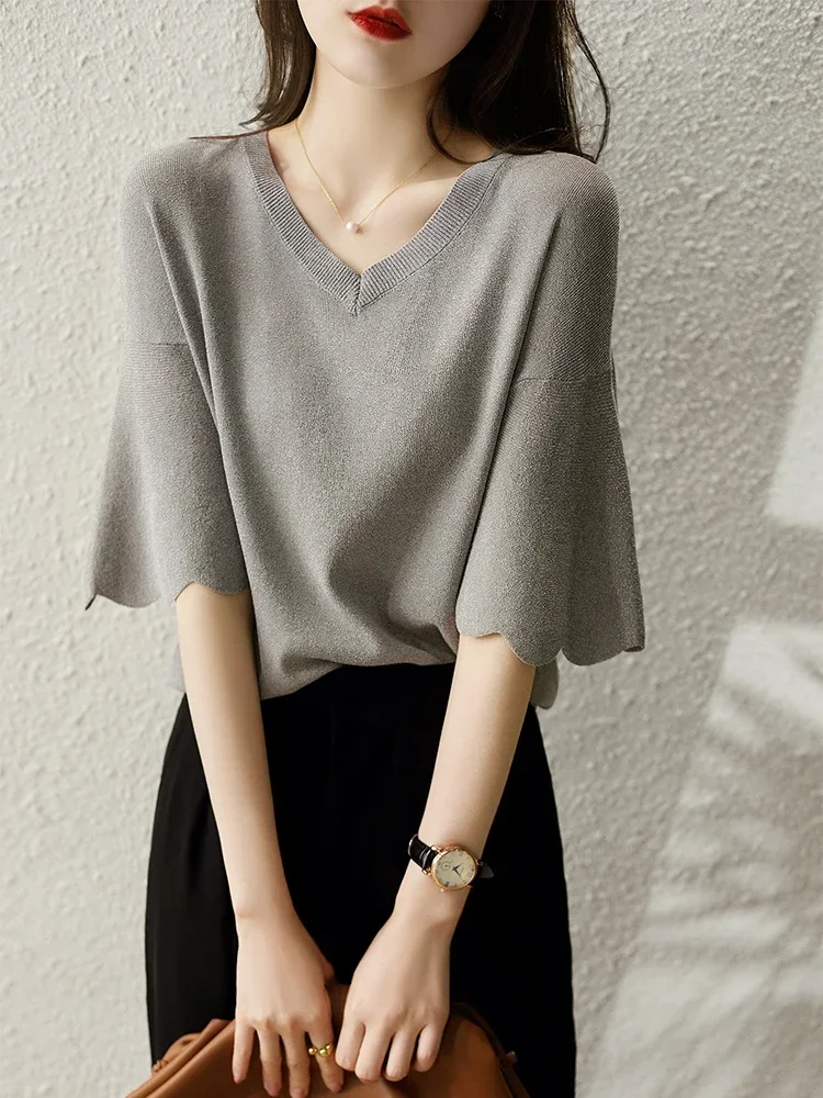 Women's Short Sleeve V-Neck Knitting Shirt, Casual Loose Tops, Ice Silk Blouse, Gray Lady Clothes, New, 14799