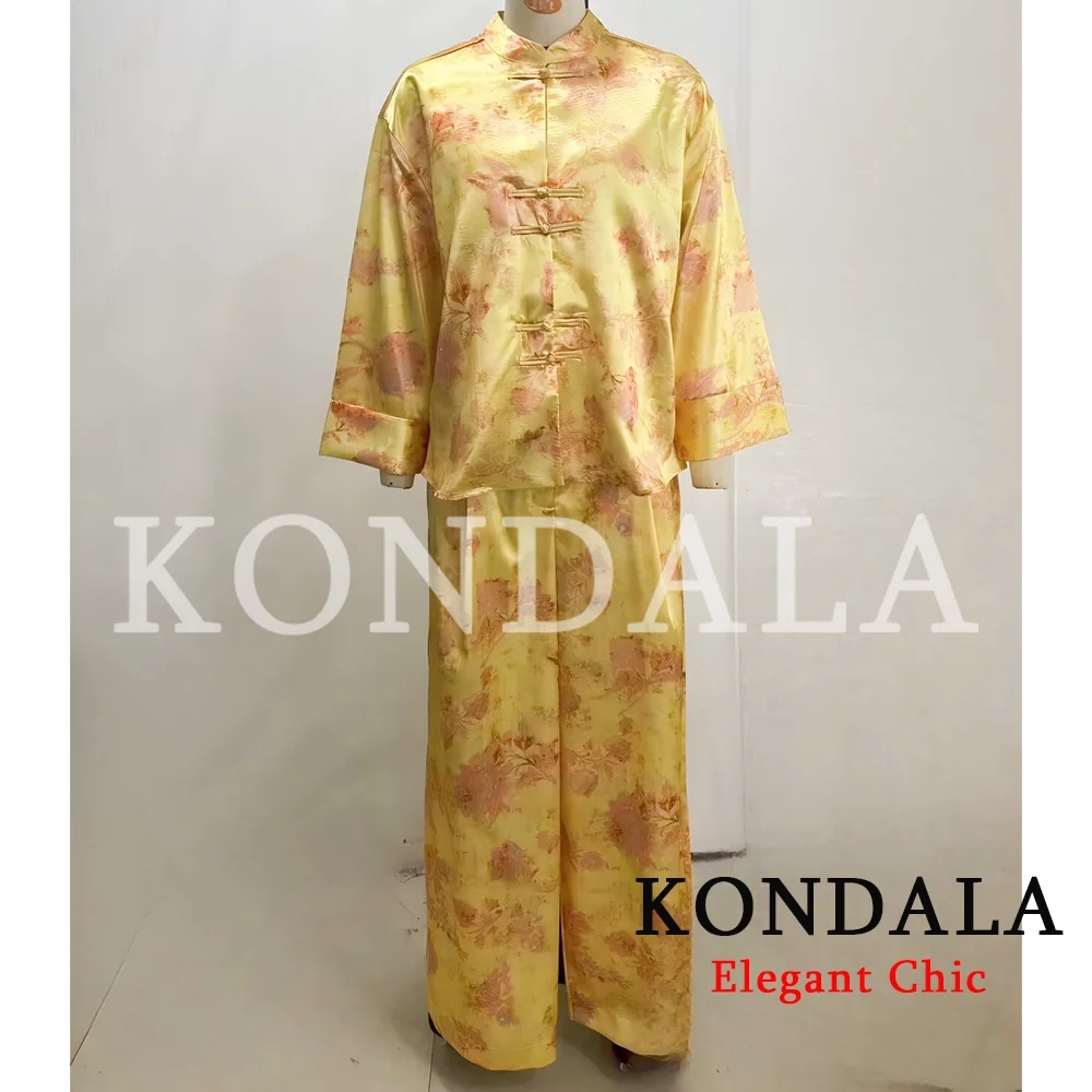 KONDALA Women Elegant Vintage Printed Pants Set Rope Buttons Shirts,Long Pants 2026 Spring Early Fall Holiday High Street Set