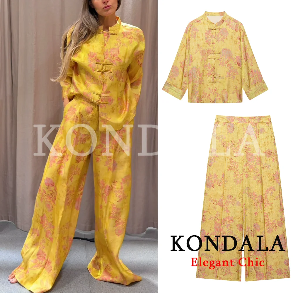 KONDALA Women Elegant Vintage Printed Pants Set Rope Buttons Shirts,Long Pants 2026 Spring Early Fall Holiday High Street Set