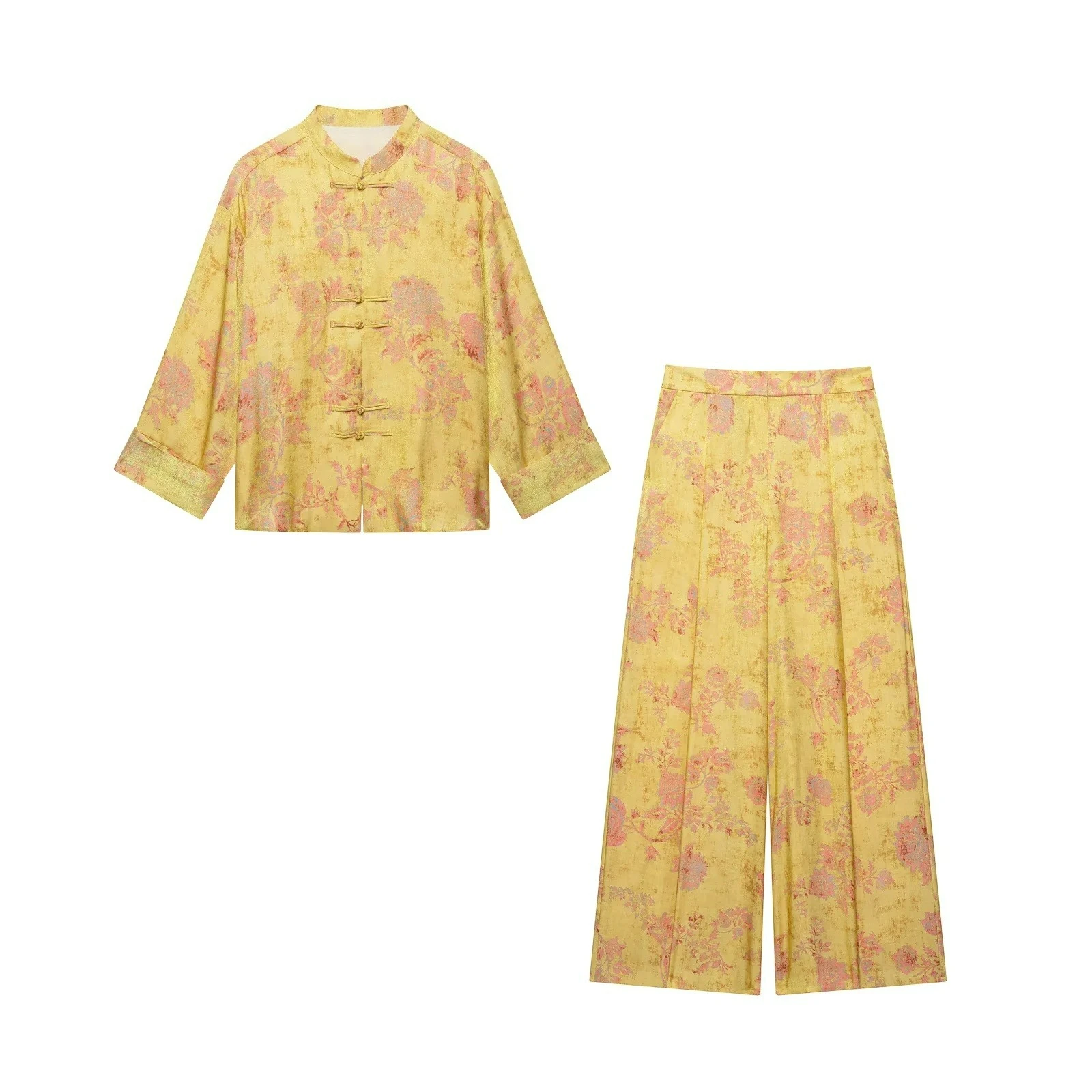 KONDALA Women Elegant Vintage Printed Pants Set Rope Buttons Shirts,Long Pants 2026 Spring Early Fall Holiday High Street Set