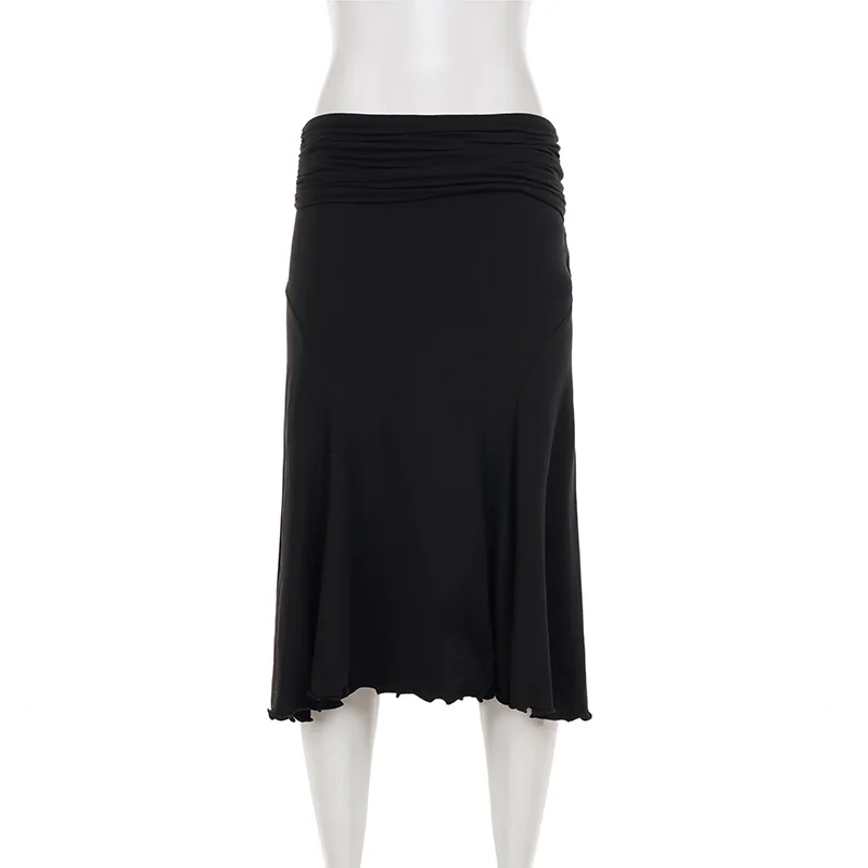 SUCHCUTE Basic Solid Folds Low-Waisted Midi Skirts Chic Black Slim Skirts Lady Party Bottoms Summer All match Clothes Coquette