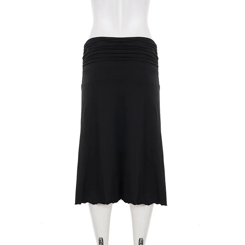 SUCHCUTE Basic Solid Folds Low-Waisted Midi Skirts Chic Black Slim Skirts Lady Party Bottoms Summer All match Clothes Coquette
