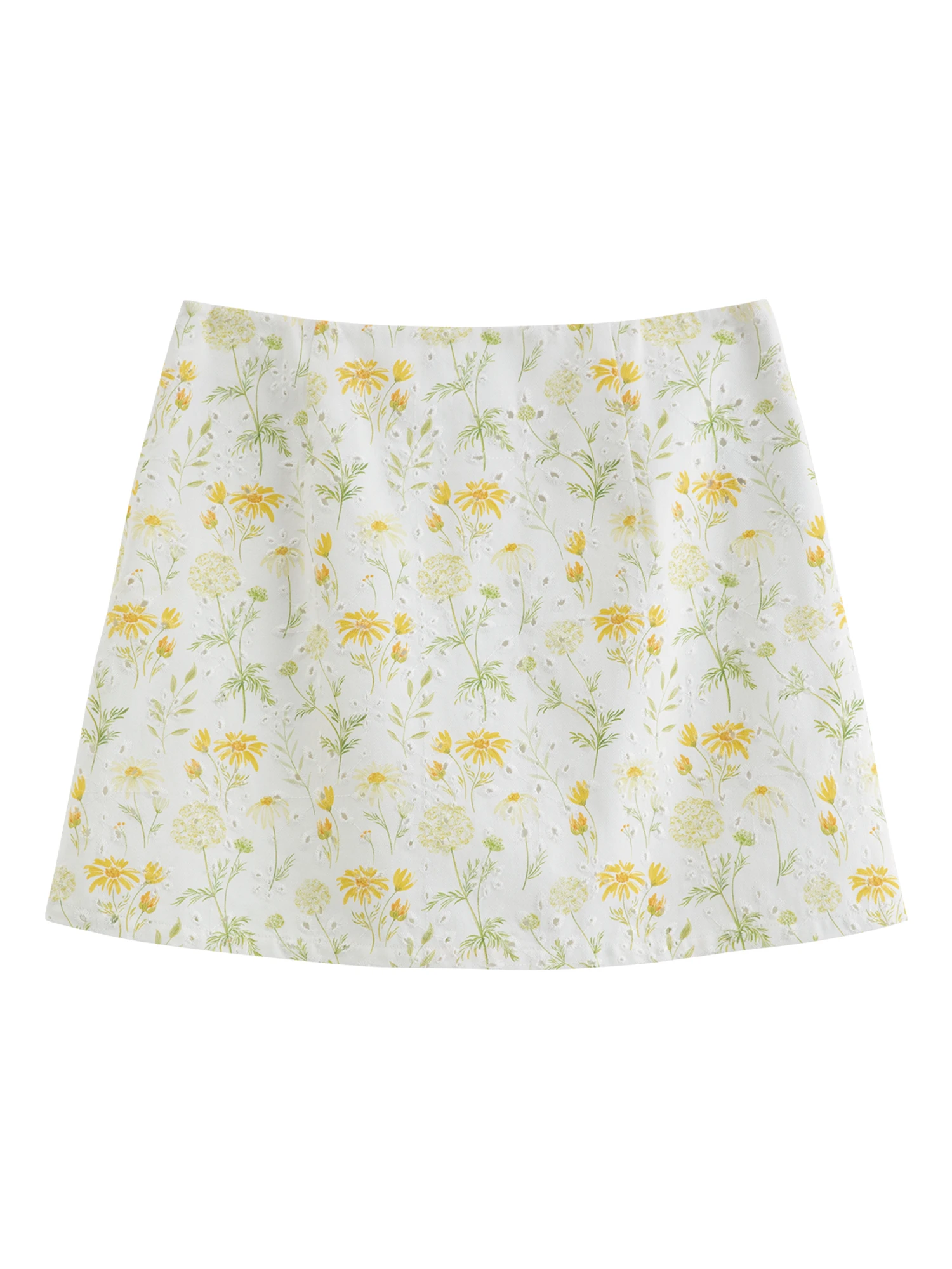 DUSHU 2026 Summer Women High Waist A-Line Mini Skirt 100% Cotton Hollow Out Daisy Print Loose Casual Short Skirt Yellow