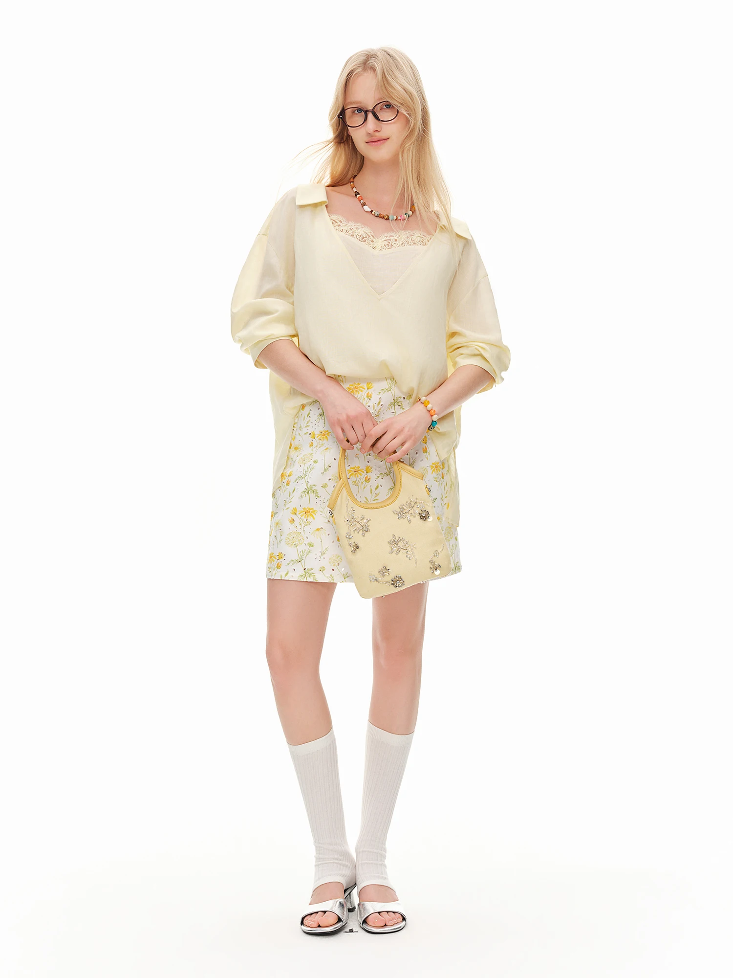 DUSHU 2026 Summer Women High Waist A-Line Mini Skirt 100% Cotton Hollow Out Daisy Print Loose Casual Short Skirt Yellow