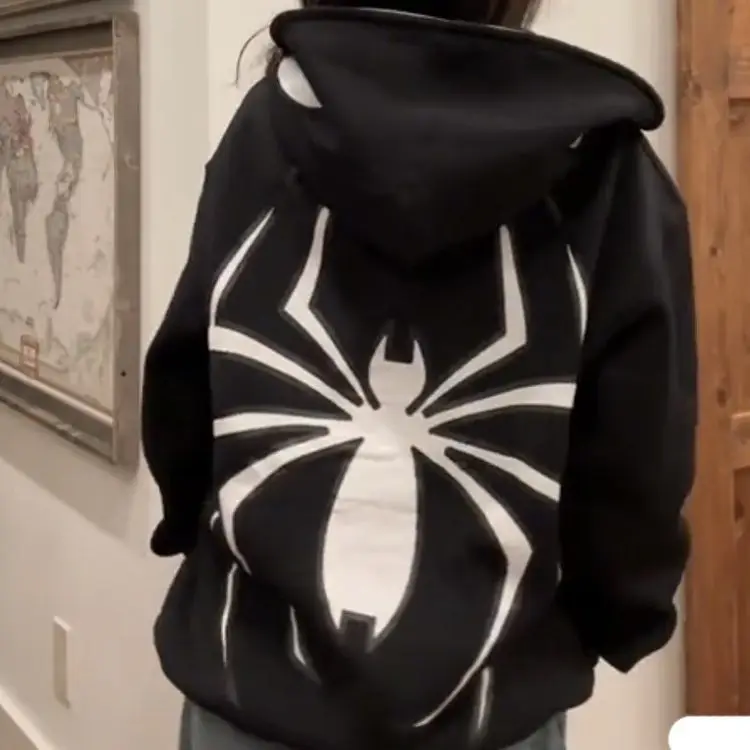 Harajuku Fashion Y2K Oversized Coat Personality Spider Print Women's Hoodie Autumn And Winter Punk Full Zip Up Hoodie Tops