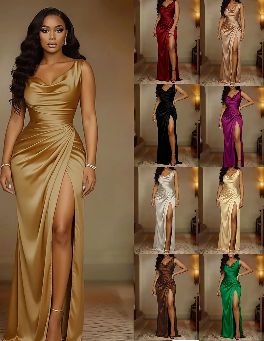 2026 Summer New Women Solid Color Bodycon Dress V Neck Sleeveless Split Hem Elegant Party Banquet Evening Formal Dress