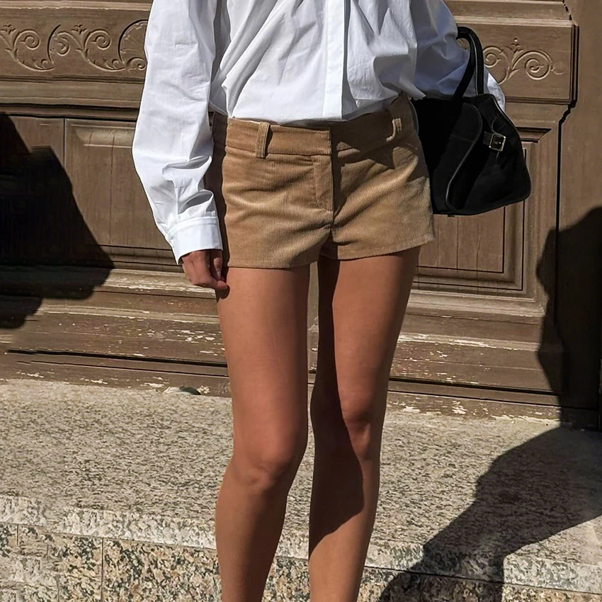 Linad Autumn Sexy Corduroy Mini Pants For Woman 2025 Street Chic Beige Zipper Shorts Fashion Brown High Waist Shorts Female
