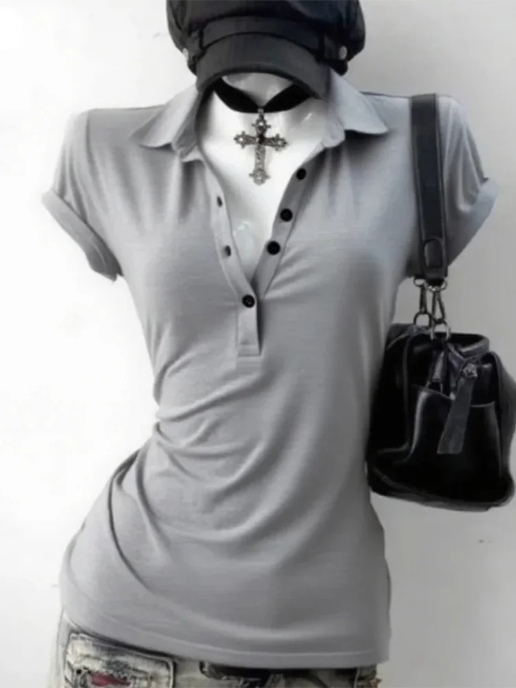 Graphic Harajuku POLO Collar Solid Short Sleeve Women's T-shirts 90s Clothes Vintage Women Female Trashy Y2k 2000s Tops Gothic