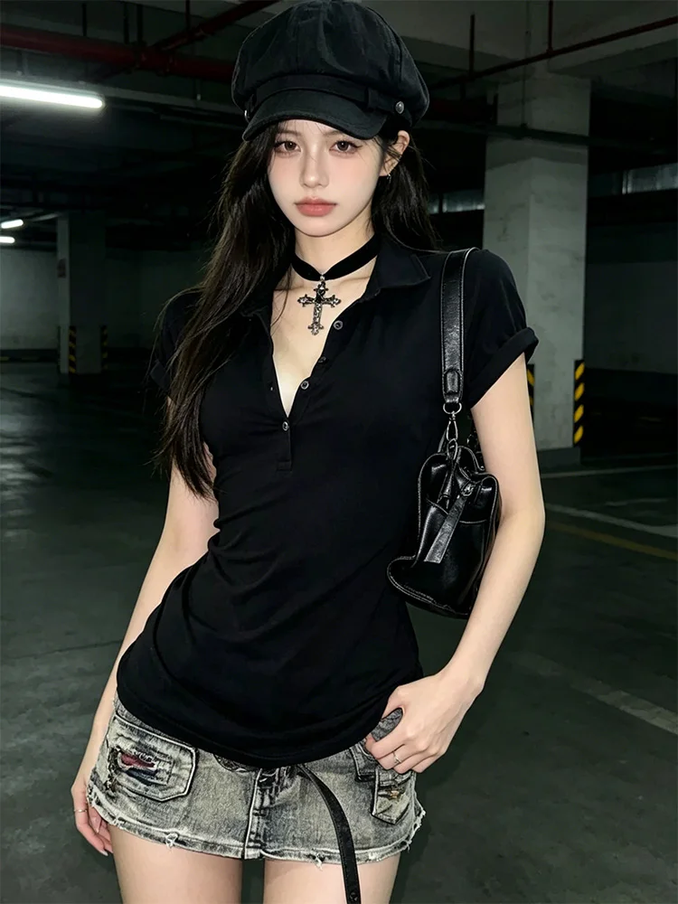 Graphic Harajuku POLO Collar Solid Short Sleeve Women's T-shirts 90s Clothes Vintage Women Female Trashy Y2k 2000s Tops Gothic