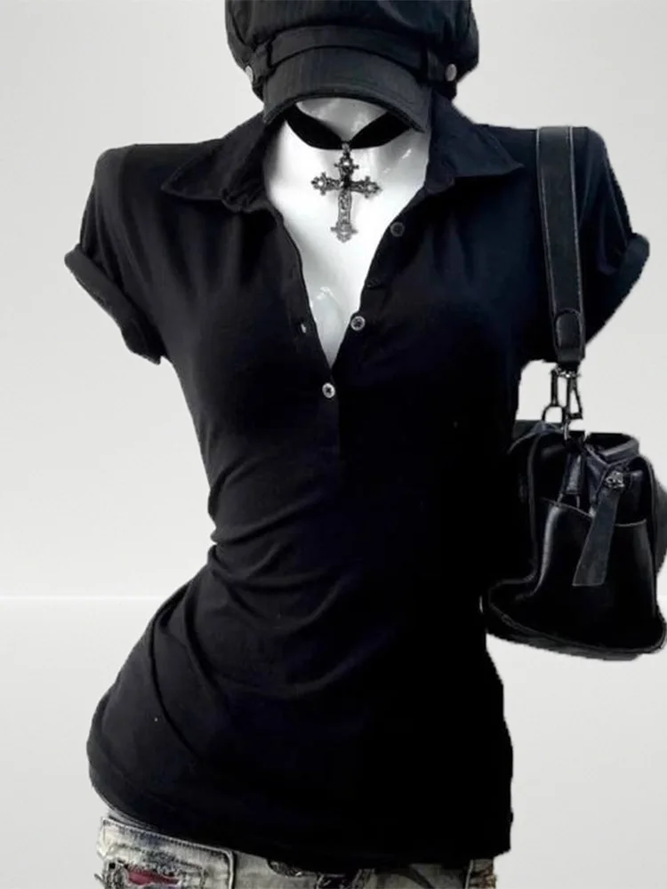 Graphic Harajuku POLO Collar Solid Short Sleeve Women's T-shirts 90s Clothes Vintage Women Female Trashy Y2k 2000s Tops Gothic