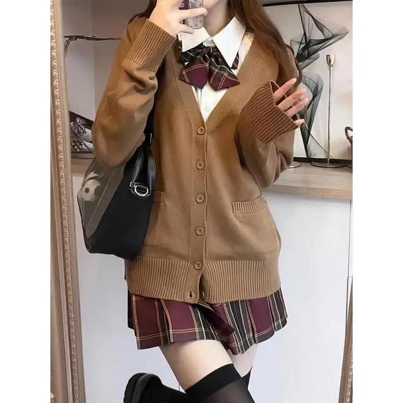 Japanese fashion solid color V-neck knitted sweater,original newJK uniform cardigan top,autumn and winter women's cotton sweater