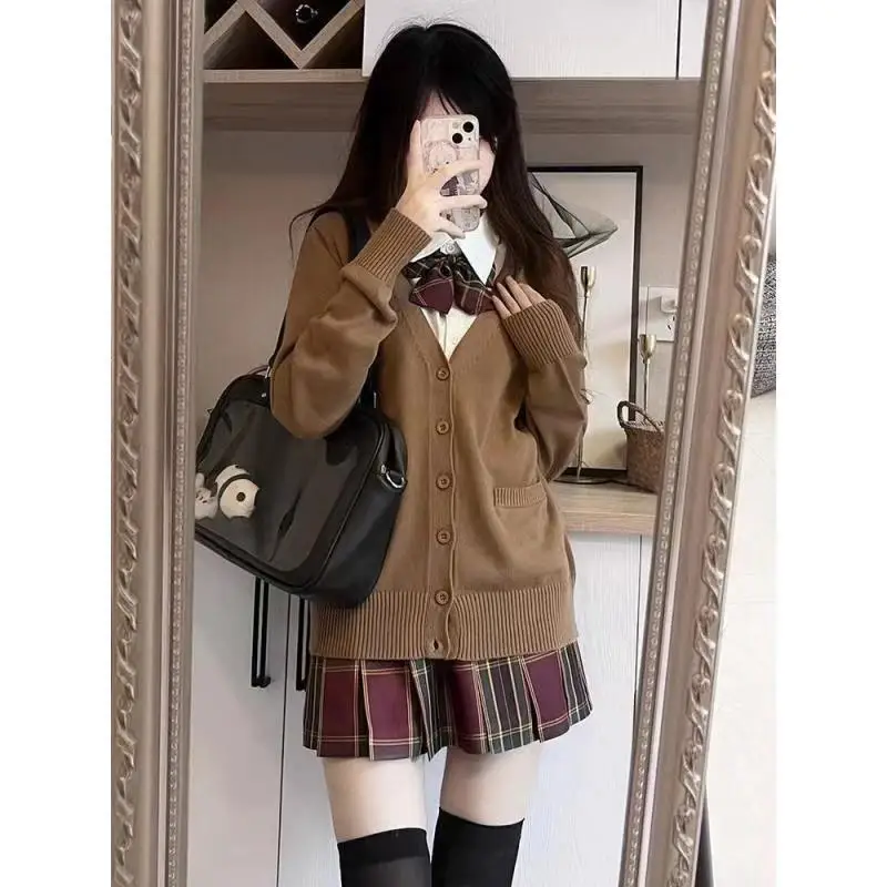 Japanese fashion solid color V-neck knitted sweater,original newJK uniform cardigan top,autumn and winter women's cotton sweater