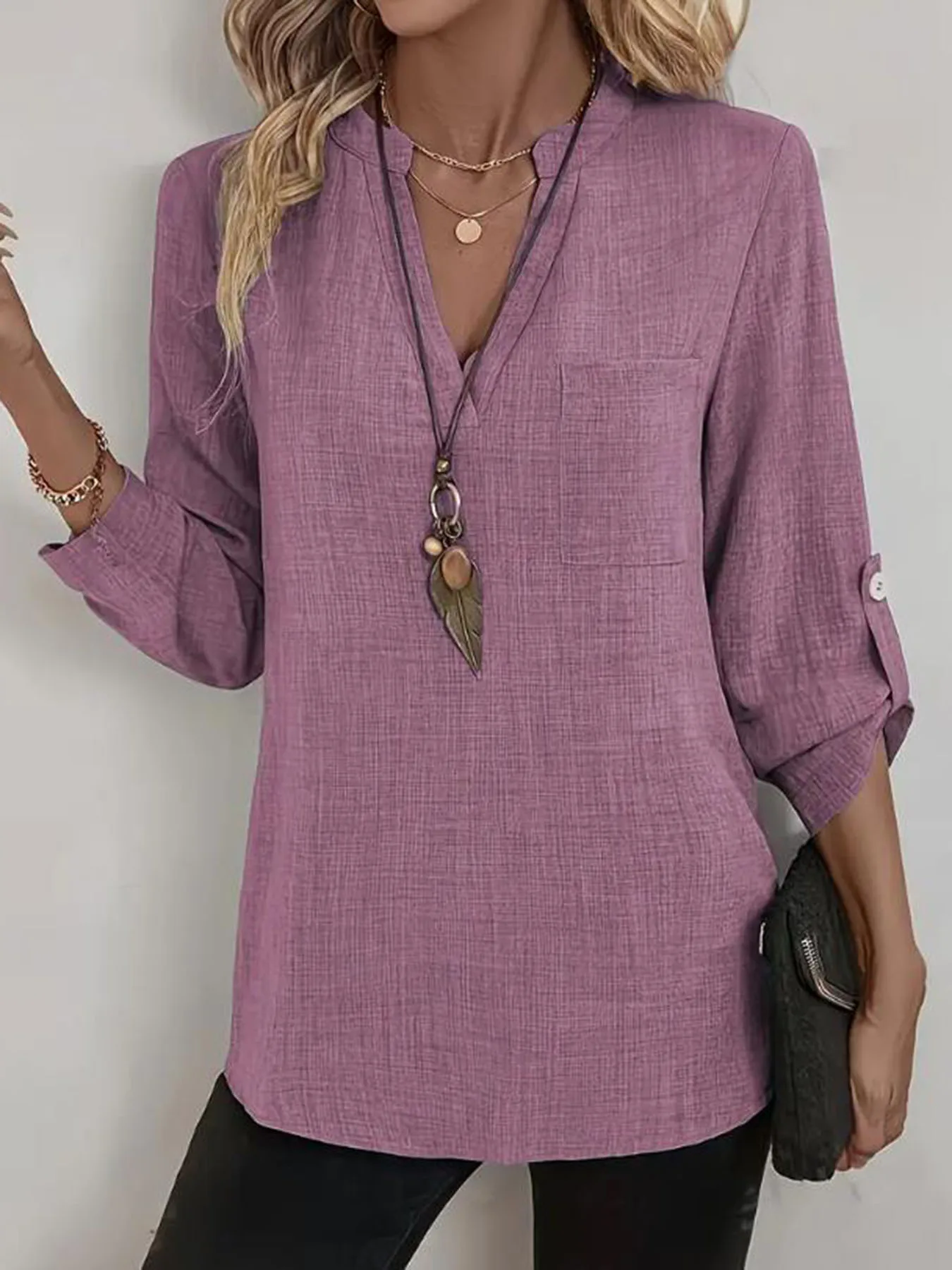 Women's Spring and Summer Fashion Loose Casual Shirt  Retro V-Neck Solid Color Blouse  Elegant Top for Young Women