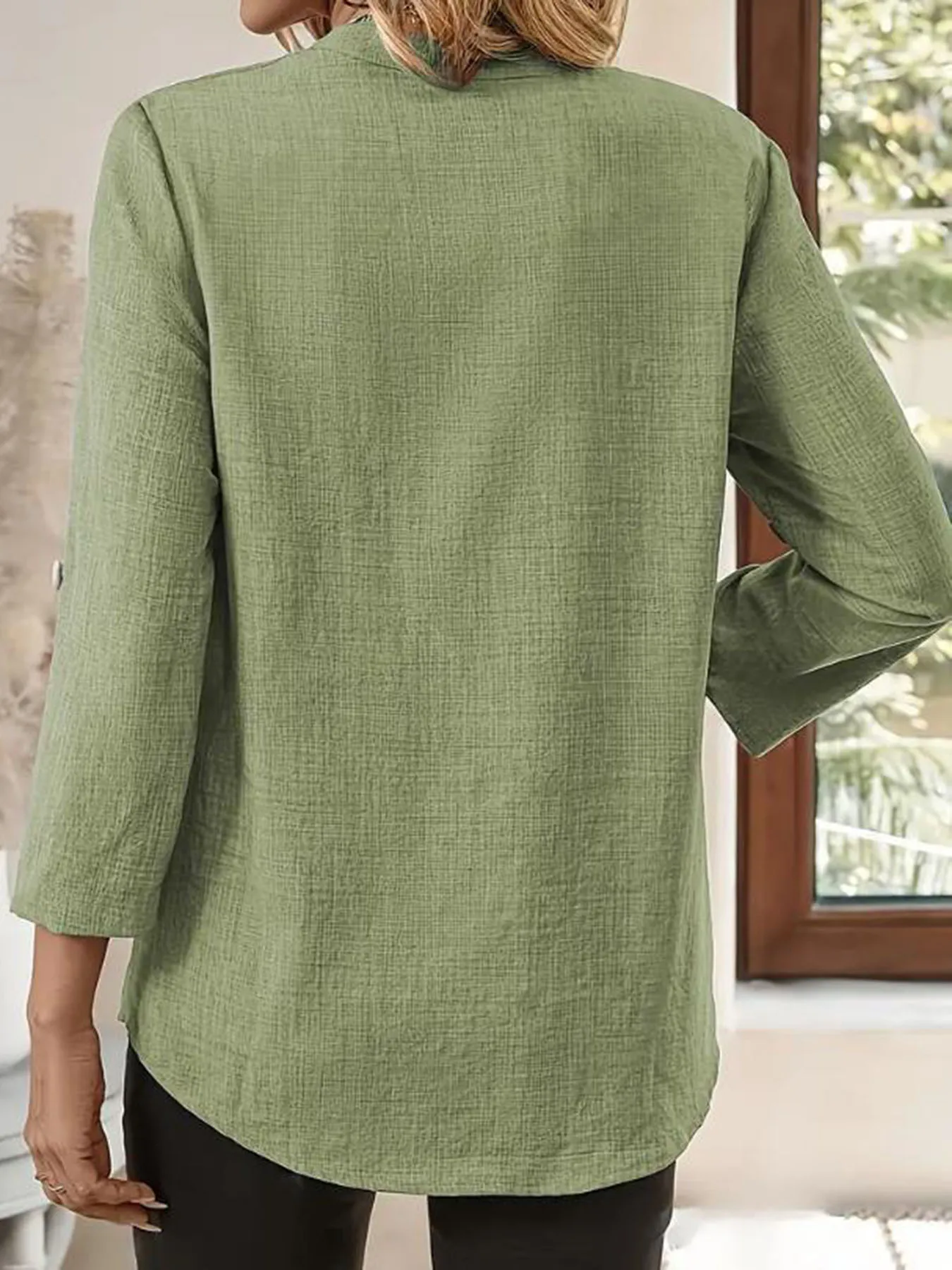 Women's Spring and Summer Fashion Loose Casual Shirt  Retro V-Neck Solid Color Blouse  Elegant Top for Young Women