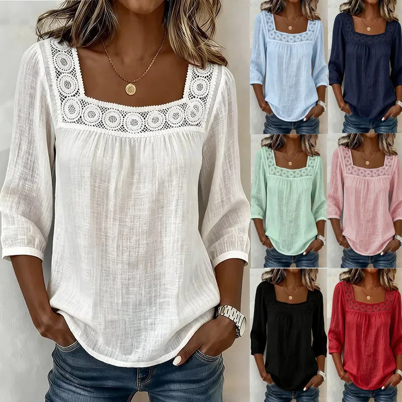 Women's 2026 Summer Square Neck Lace Trim Top – 3/4 Sleeve Cotton Linen Blouse, Solid Color Casual Chic Shirt
