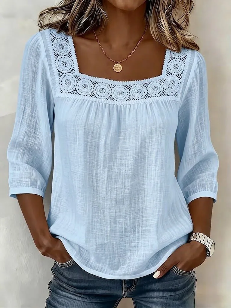 Women's 2026 Summer Square Neck Lace Trim Top – 3/4 Sleeve Cotton Linen Blouse, Solid Color Casual Chic Shirt