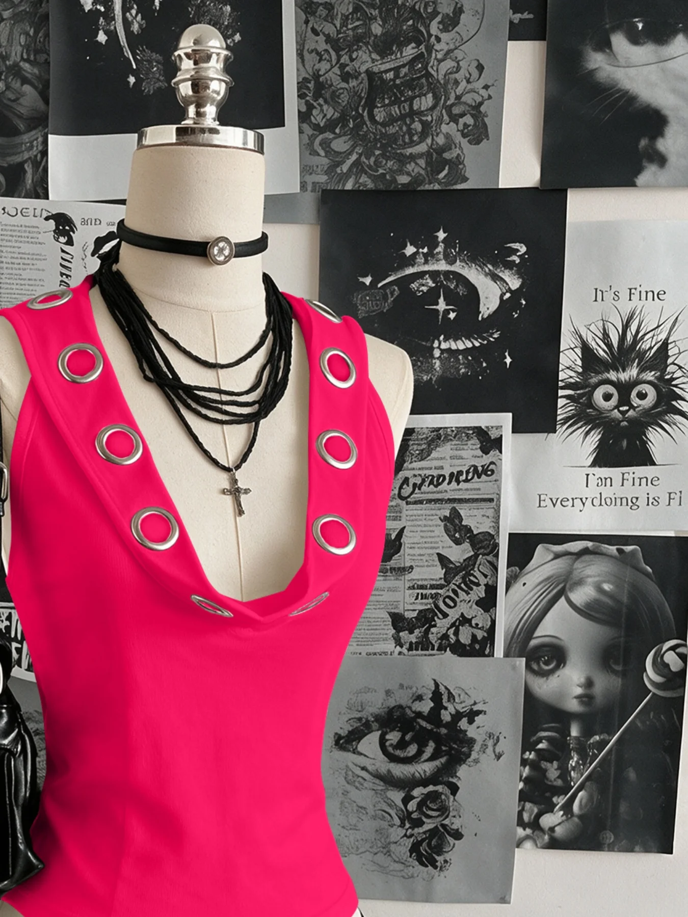 Women Sleeveless Hooded Eyelet Ring Cowl Neck Slim Crop Tank Top 2026 Gothic Y2K Streetwear Grunge Halter Camisole
