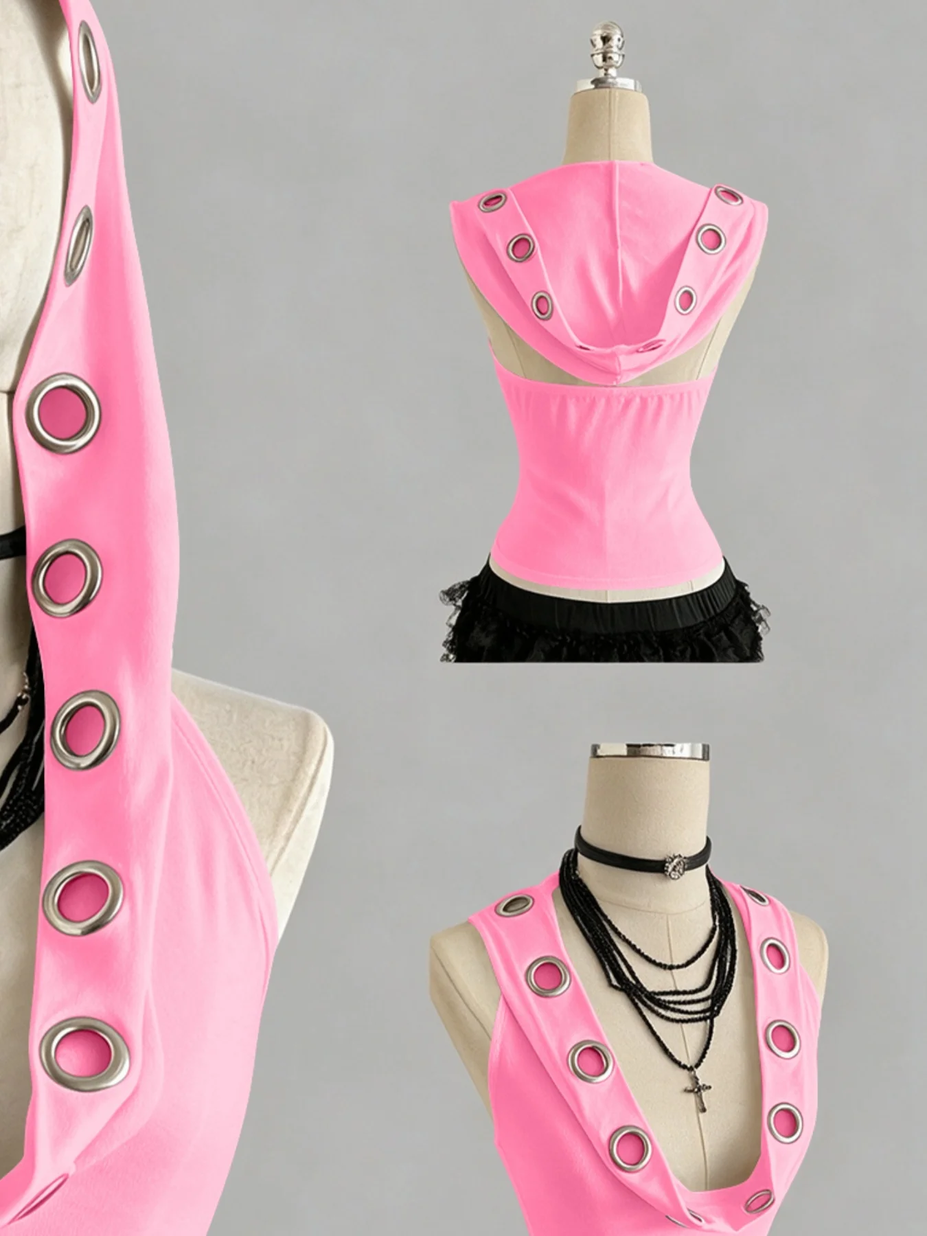 Women Sleeveless Hooded Eyelet Ring Cowl Neck Slim Crop Tank Top 2026 Gothic Y2K Streetwear Grunge Halter Camisole