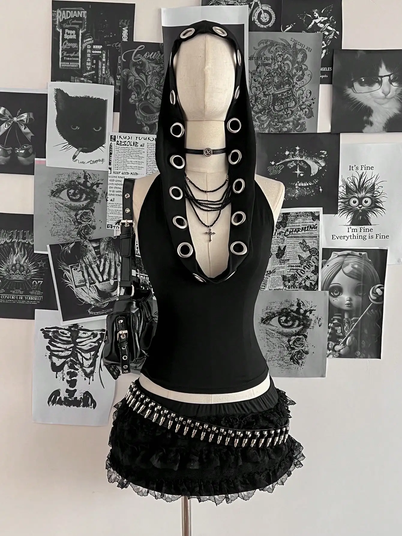 Women Sleeveless Hooded Eyelet Ring Cowl Neck Slim Crop Tank Top 2026 Gothic Y2K Streetwear Grunge Halter Camisole