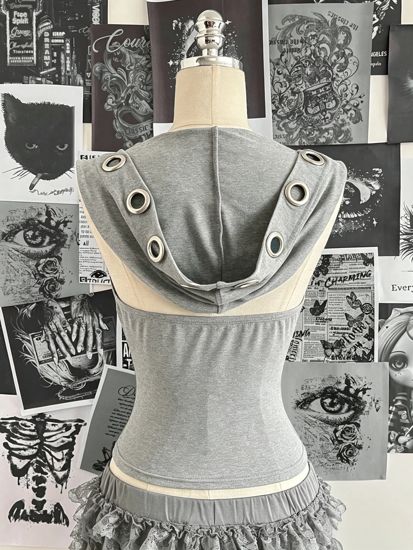 Women Sleeveless Hooded Eyelet Ring Cowl Neck Slim Crop Tank Top 2026 Gothic Y2K Streetwear Grunge Halter Camisole