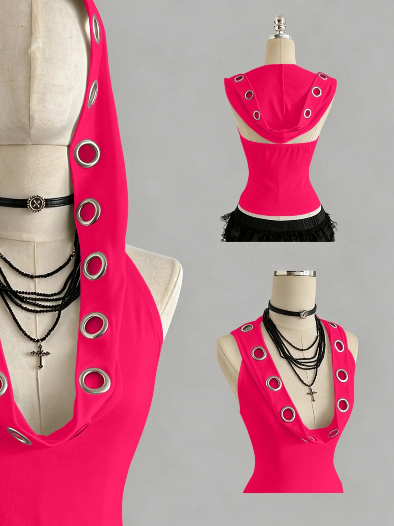 Women Sleeveless Hooded Eyelet Ring Cowl Neck Slim Crop Tank Top 2026 Gothic Y2K Streetwear Grunge Halter Camisole