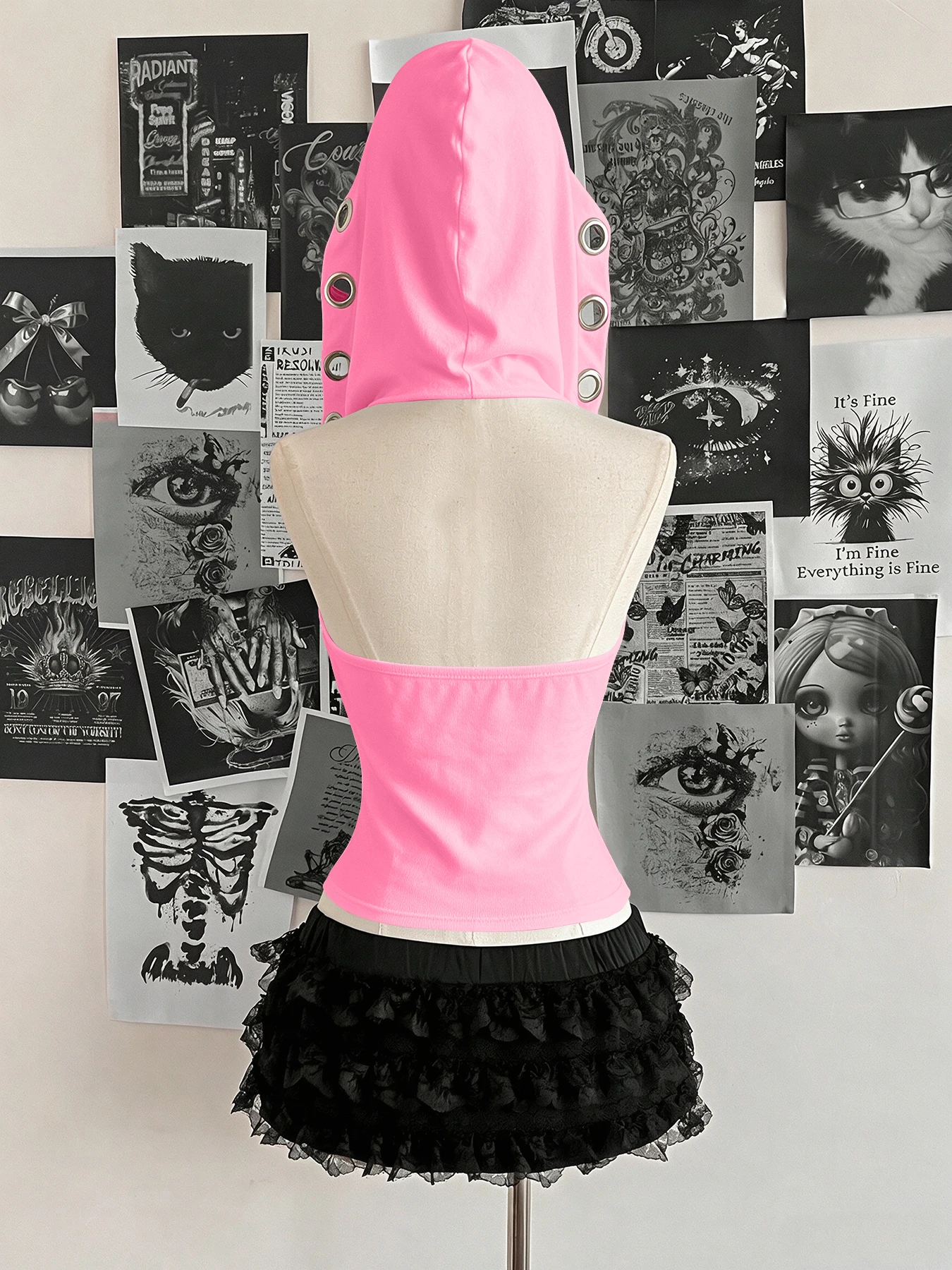 Women Sleeveless Hooded Eyelet Ring Cowl Neck Slim Crop Tank Top 2026 Gothic Y2K Streetwear Grunge Halter Camisole