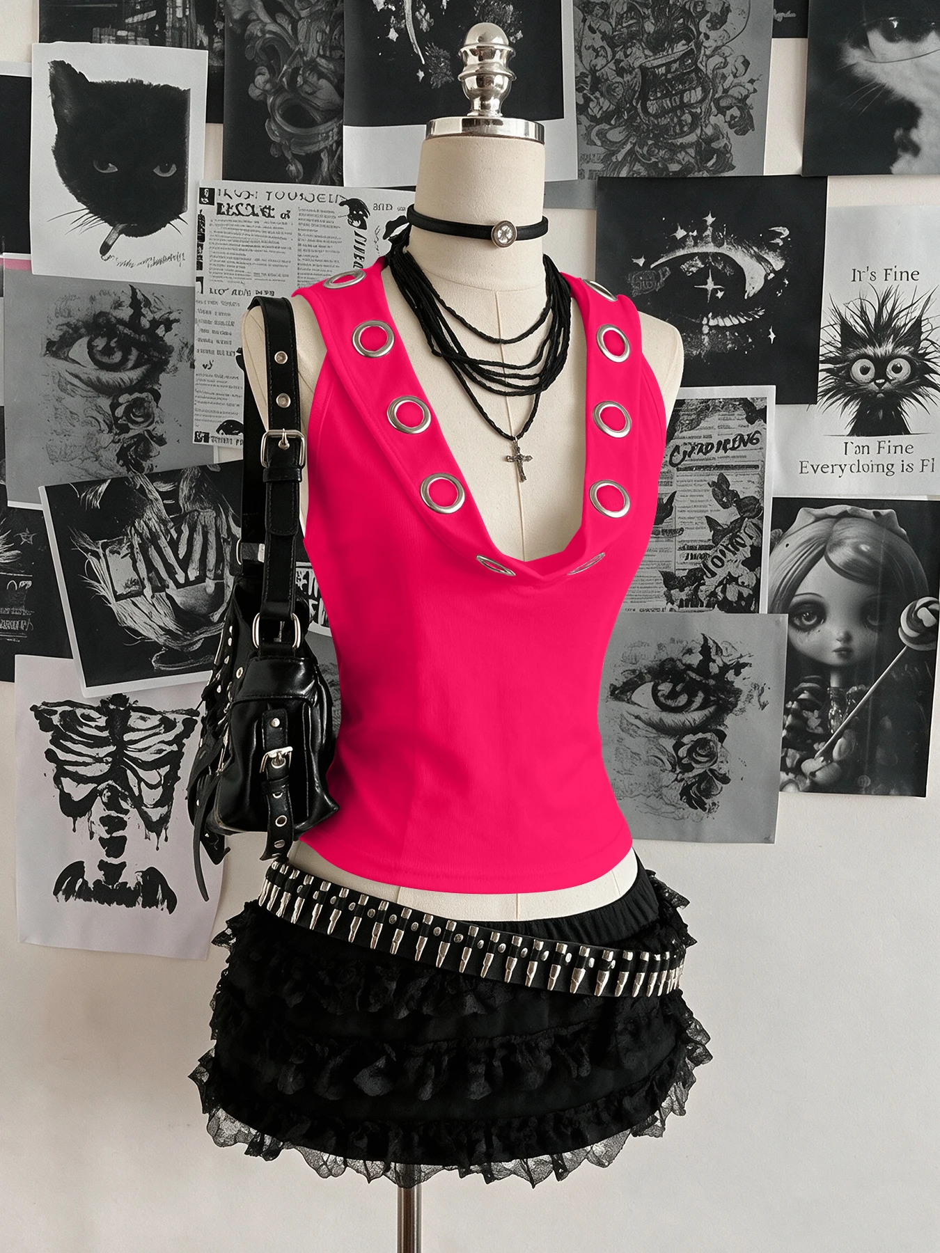 Women Sleeveless Hooded Eyelet Ring Cowl Neck Slim Crop Tank Top 2026 Gothic Y2K Streetwear Grunge Halter Camisole