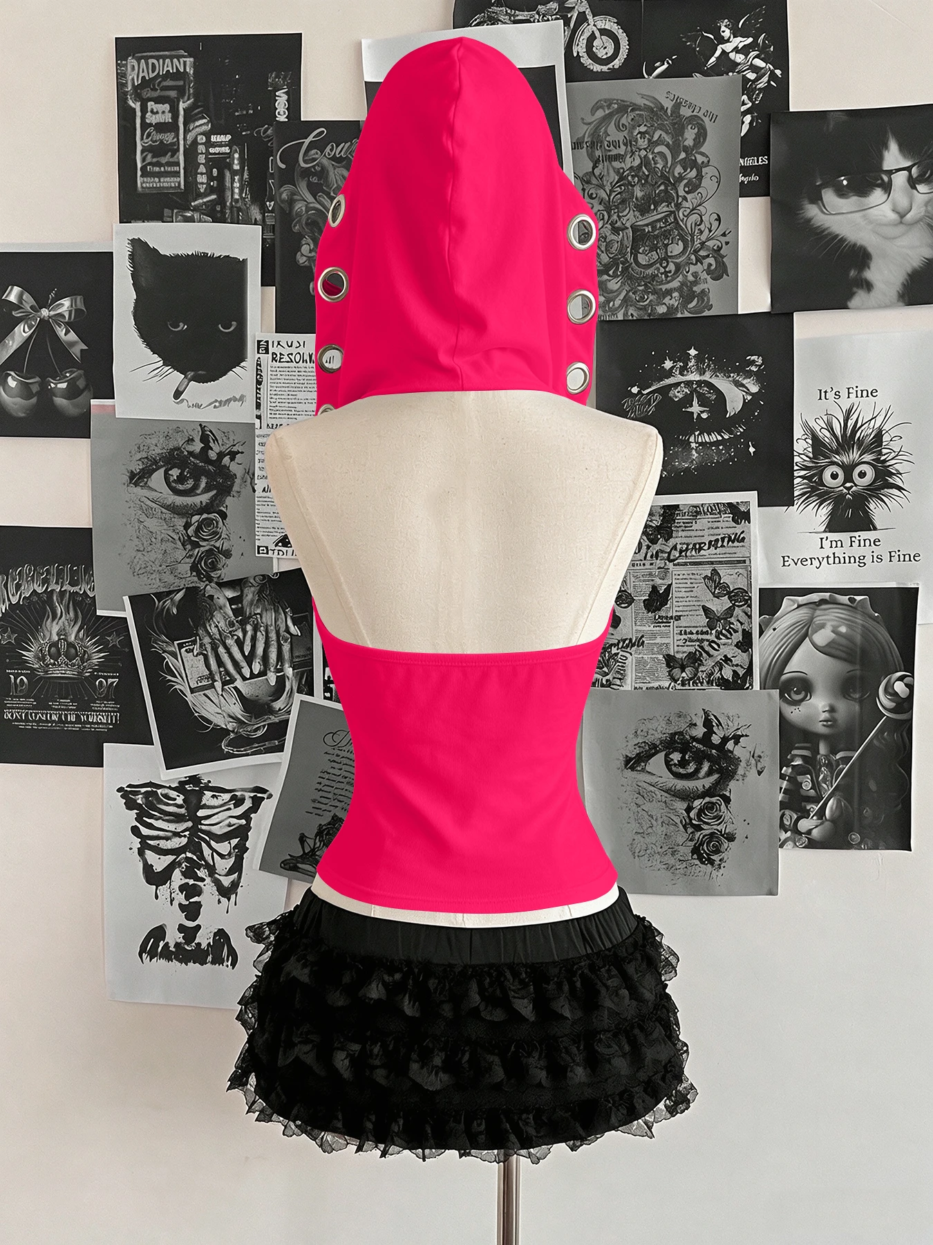 Women Sleeveless Hooded Eyelet Ring Cowl Neck Slim Crop Tank Top 2026 Gothic Y2K Streetwear Grunge Halter Camisole