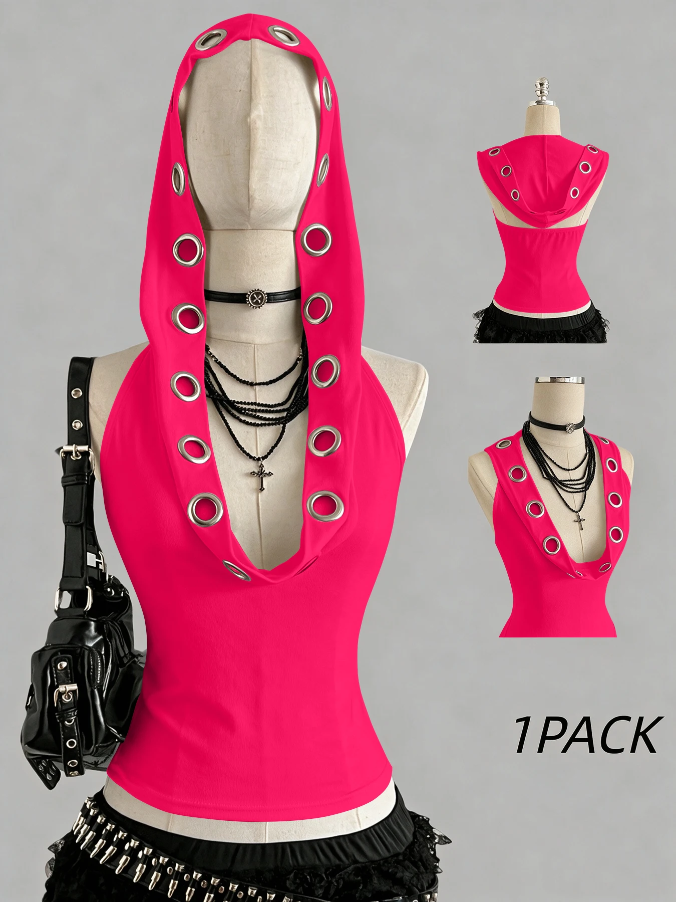 Women Sleeveless Hooded Eyelet Ring Cowl Neck Slim Crop Tank Top 2026 Gothic Y2K Streetwear Grunge Halter Camisole
