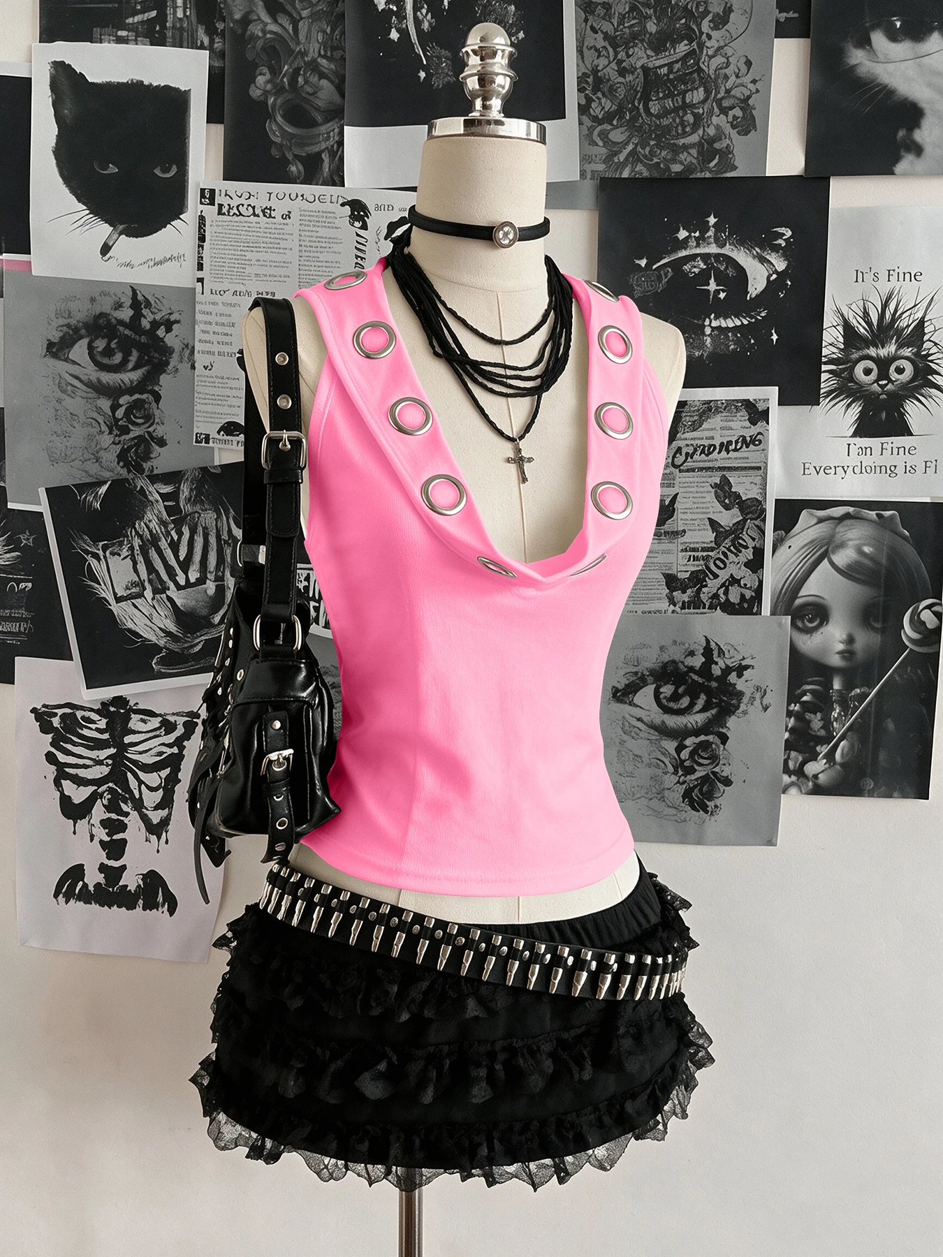Women Sleeveless Hooded Eyelet Ring Cowl Neck Slim Crop Tank Top 2026 Gothic Y2K Streetwear Grunge Halter Camisole
