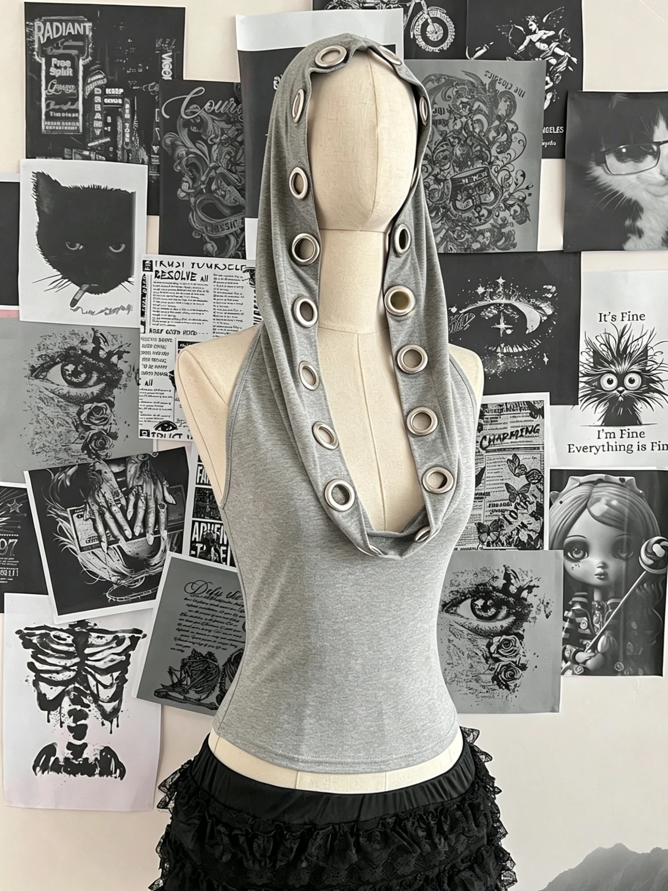 Women Sleeveless Hooded Eyelet Ring Cowl Neck Slim Crop Tank Top 2026 Gothic Y2K Streetwear Grunge Halter Camisole