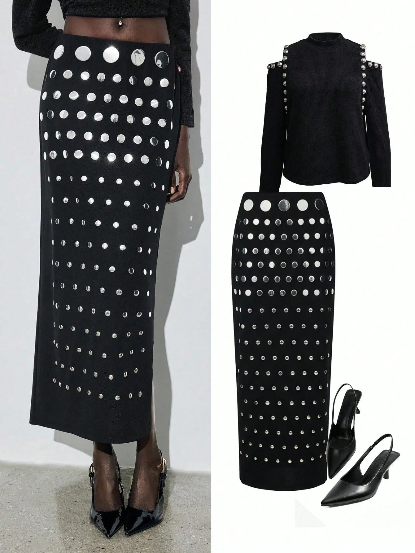 Heavy-duty heat-set rhinestone black half-length skirt with rivets, fashionable women’s clothing, polka dots, elegant, long styl