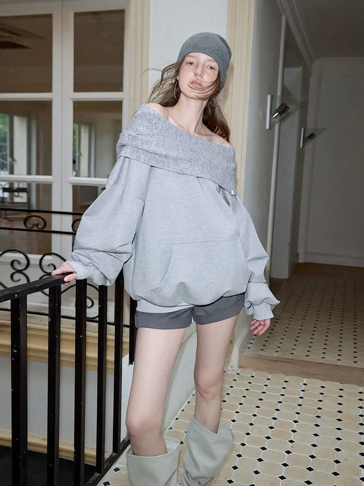 Autumn Knitwear Hooded Casual Oversize Pullovers Women Dual-wear Designer Fashion Off Shoulder Sweater Spring Loose Outwear