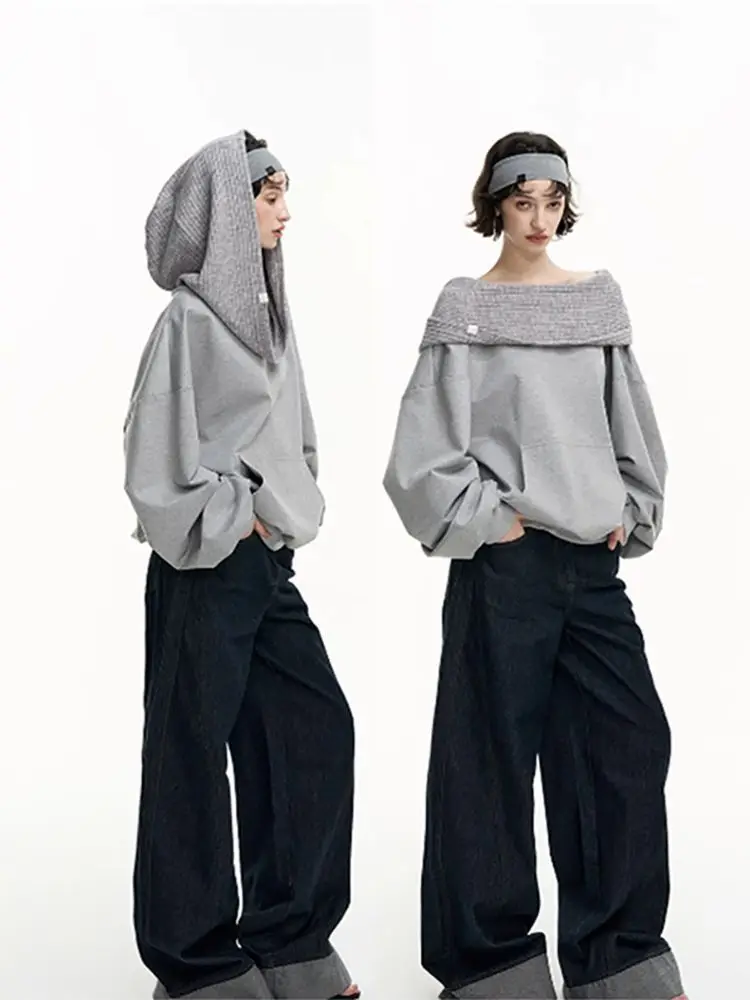 Autumn Knitwear Hooded Casual Oversize Pullovers Women Dual-wear Designer Fashion Off Shoulder Sweater Spring Loose Outwear