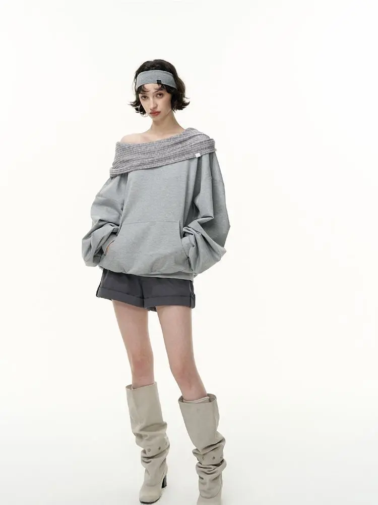 Autumn Knitwear Hooded Casual Oversize Pullovers Women Dual-wear Designer Fashion Off Shoulder Sweater Spring Loose Outwear
