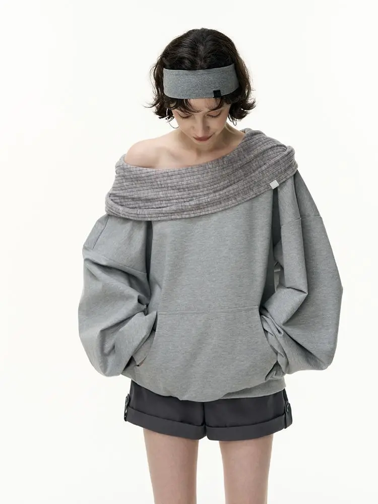 Autumn Knitwear Hooded Casual Oversize Pullovers Women Dual-wear Designer Fashion Off Shoulder Sweater Spring Loose Outwear