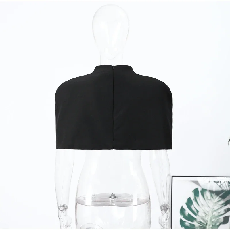 Elegant Women Shawl Cropped Top Shoulder Pads Stand Collar Short Sleeve Black Female T-shirt 2026 Spring Summer Lady Partywear