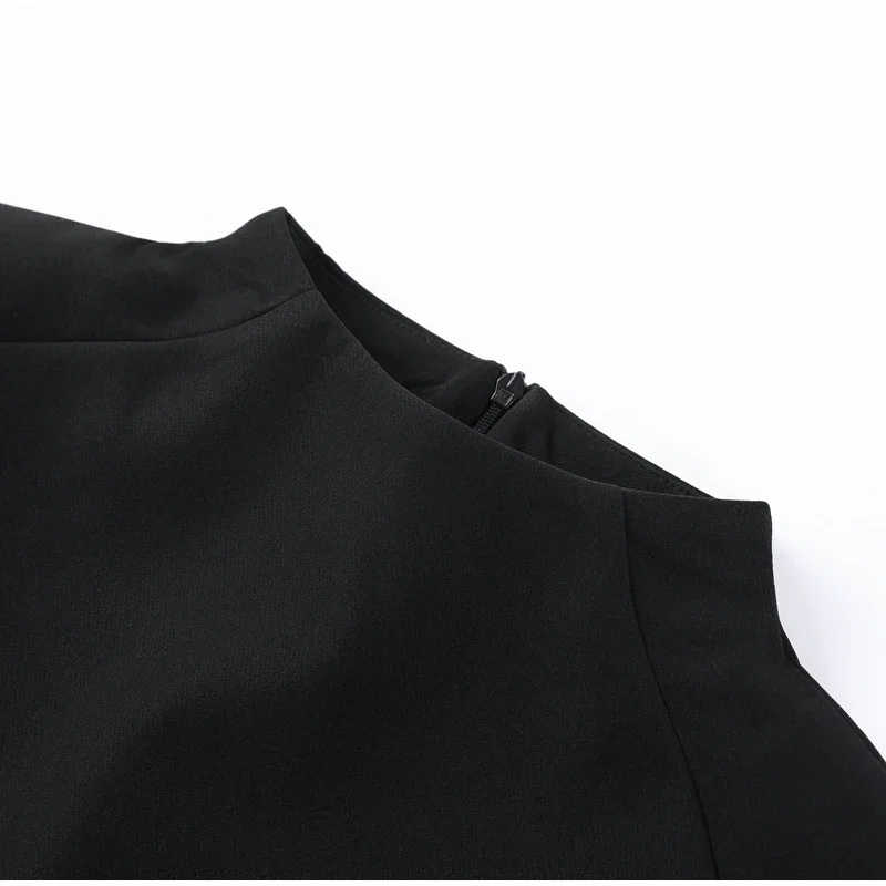 Elegant Women Shawl Cropped Top Shoulder Pads Stand Collar Short Sleeve Black Female T-shirt 2026 Spring Summer Lady Partywear