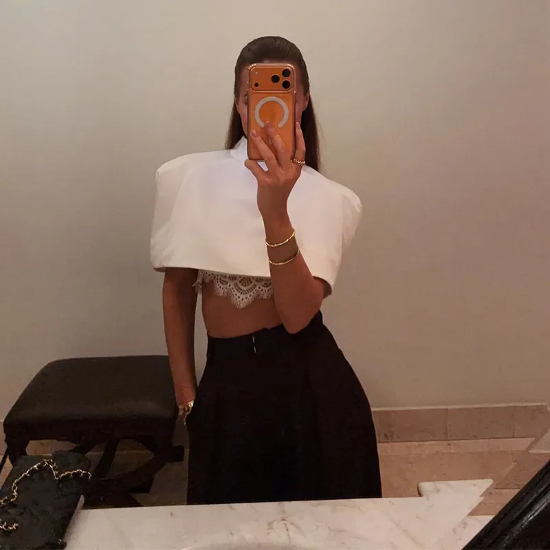 Elegant Women Shawl Cropped Top Shoulder Pads Stand Collar Short Sleeve Black Female T-shirt 2026 Spring Summer Lady Partywear
