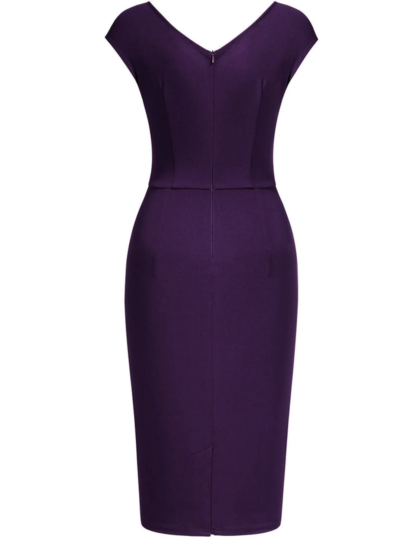 Women Elegant Cap Sleeve V-Neck Ruched Slim Knee Length Cocktail Party Wrap Sheath Bodycon Pencil Dress