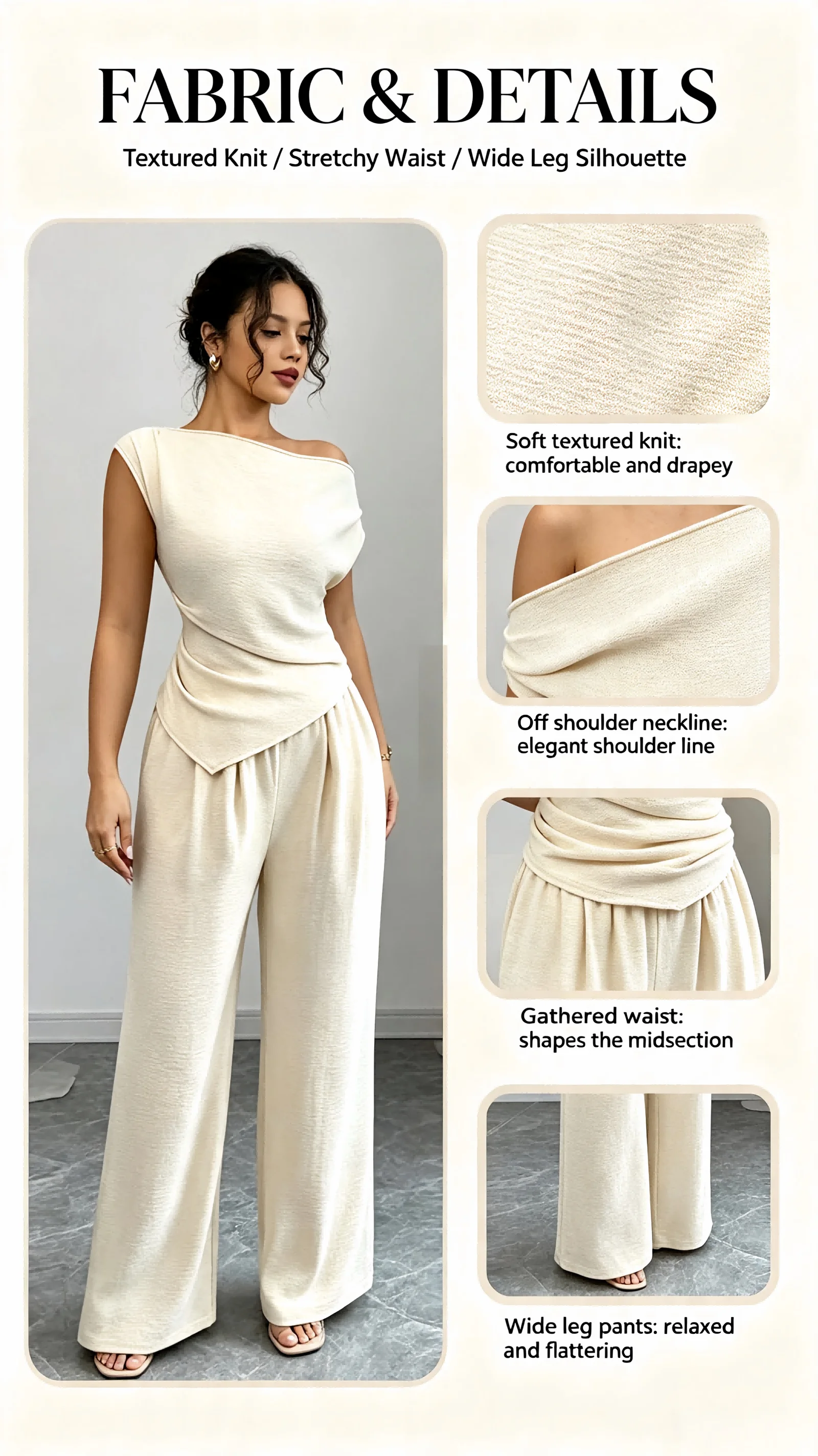 Elegant Pure Color Ladies Asymmetric Top And Wide Leg Pants 2-Piece Set for Commuting Casual Vacations Fashionable New Arrival