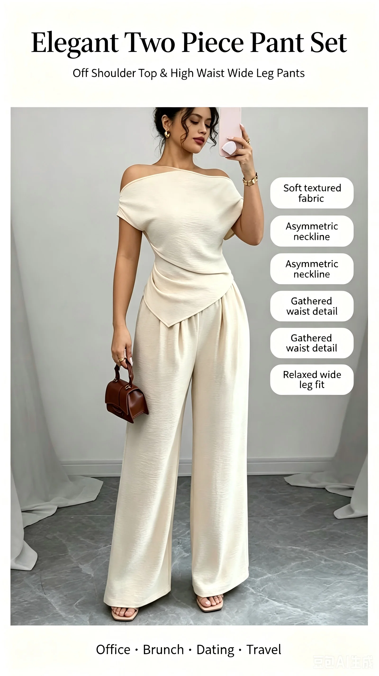 Elegant Pure Color Ladies Asymmetric Top And Wide Leg Pants 2-Piece Set for Commuting Casual Vacations Fashionable New Arrival