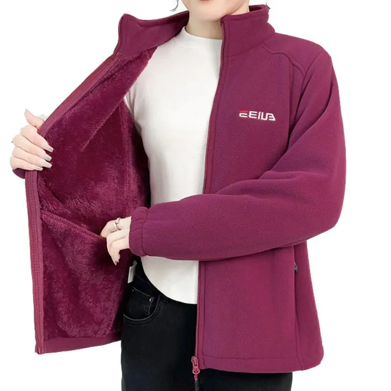 Woman Thickened Zipper Lamb Velvet Sweatshirt Casual Cardigan Embroidery Warm Stand-up Collar Loose Jacket Windproof Sweatshirt