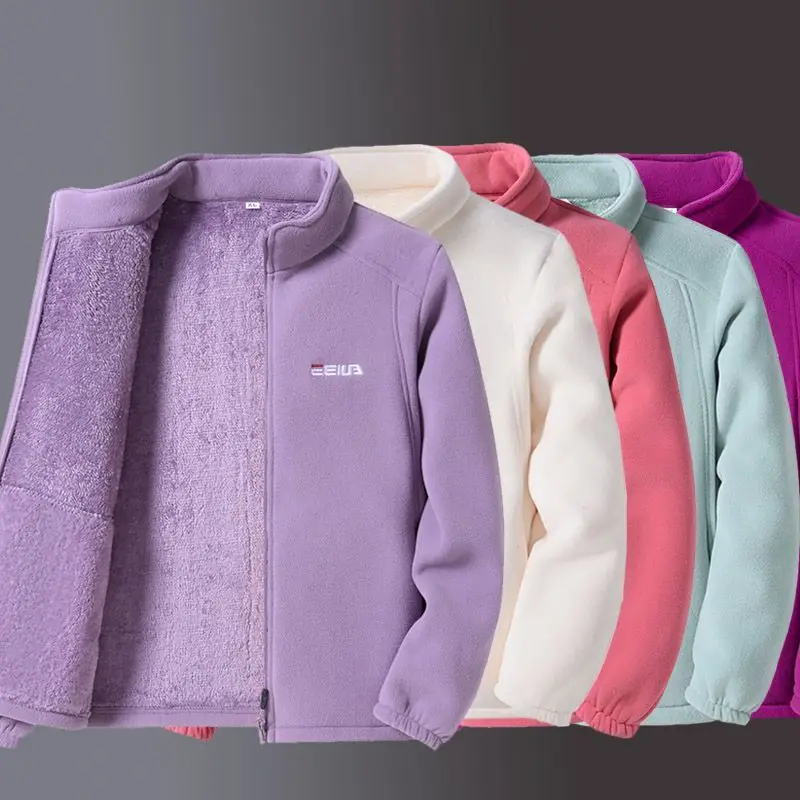 Woman Thickened Zipper Lamb Velvet Sweatshirt Casual Cardigan Embroidery Warm Stand-up Collar Loose Jacket Windproof Sweatshirt