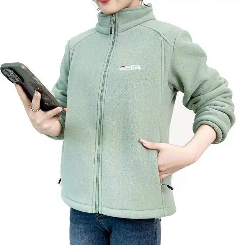 Woman Thickened Zipper Lamb Velvet Sweatshirt Casual Cardigan Embroidery Warm Stand-up Collar Loose Jacket Windproof Sweatshirt